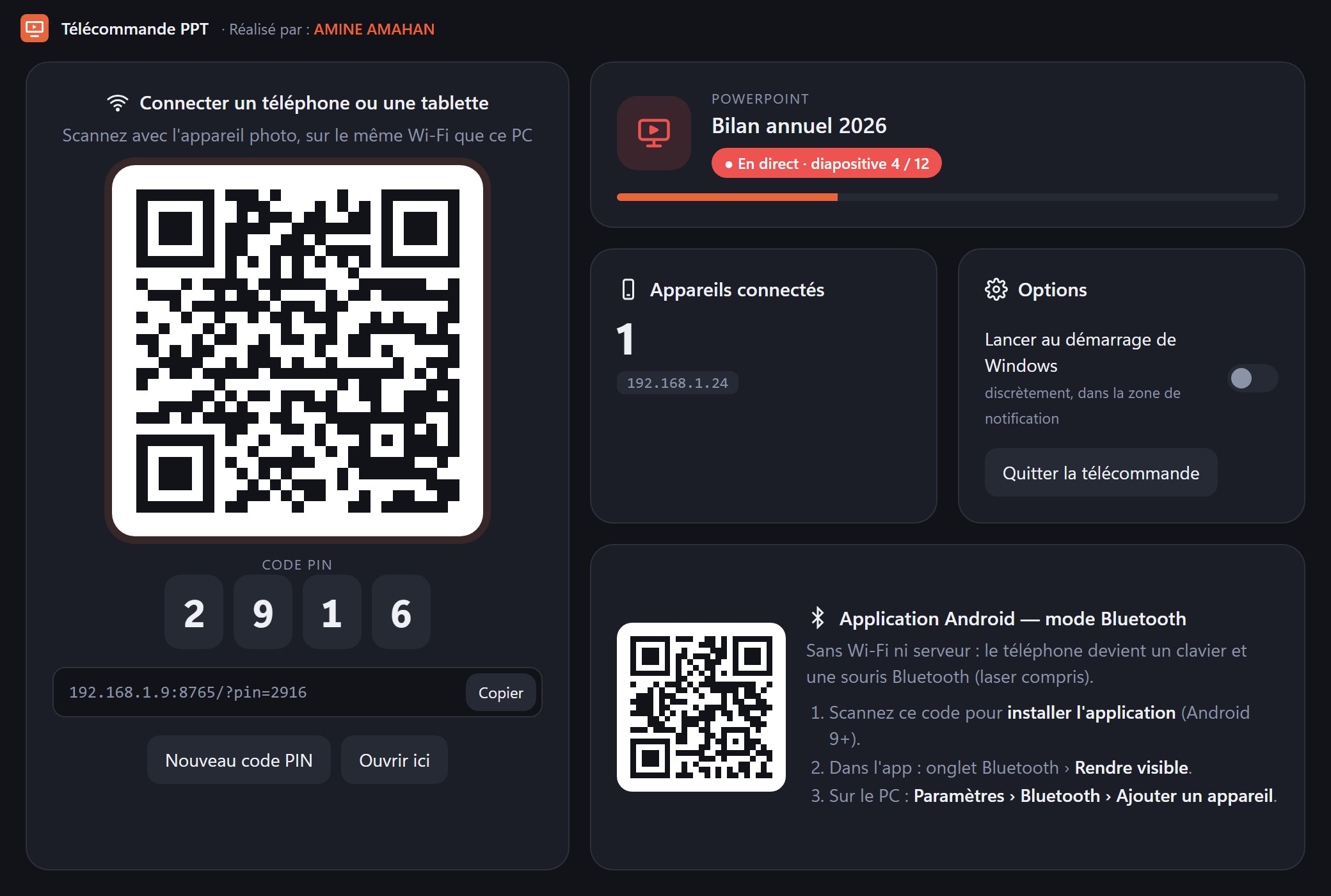 Fenêtre de l'application Télécommande PPT sur Windows, avec QR code et état de PowerPoint